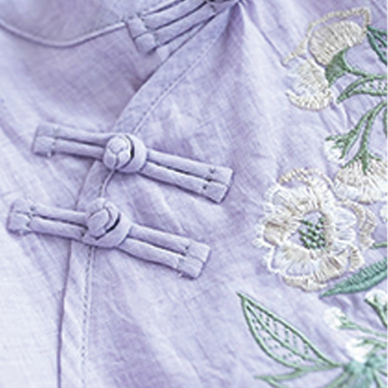 Buddha Stones Flower Embroidery Three Quarter Sleeve Frog-Button Mandarin Collar Cotton Linen Women's Shirt - image 10