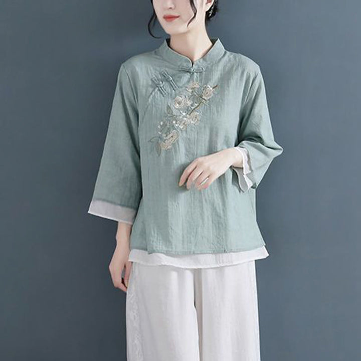 Buddha Stones Flower Embroidery Three Quarter Sleeve Frog-Button Mandarin Collar Cotton Linen Women's Shirt - image 15