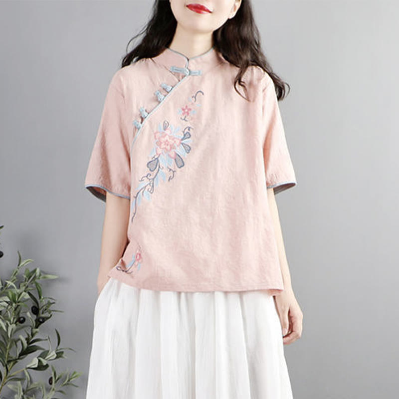 Buddha Stones Summer Flower Embroidery Half Sleeve Frog-Button Mandarin Collar Cotton Linen Women's Shirt - MistyRose - US12，UK/AU16，EU44 (3XL) - image 3