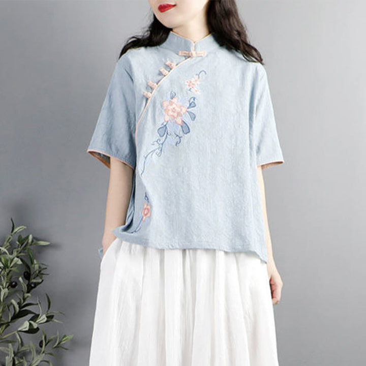 Buddha Stones Summer Flower Embroidery Half Sleeve Frog-Button Mandarin Collar Cotton Linen Women's Shirt - image 2