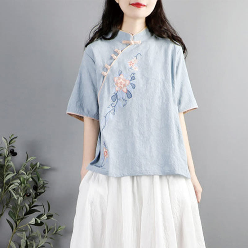 Buddha Stones Summer Flower Embroidery Half Sleeve Frog-Button Mandarin Collar Cotton Linen Women's Shirt - LightSkyBlue - US12，UK/AU16，EU44 (3XL) - image 0