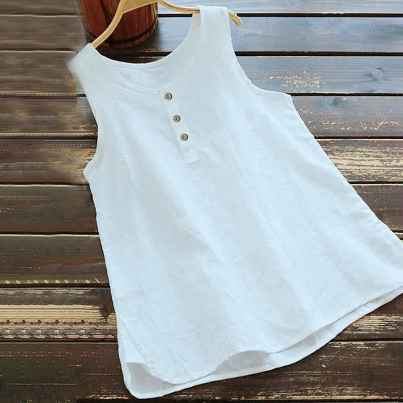 Buddha Stones Summer Pure Color Crew Collar Button Women's Vest Waistcoat - White - US18，UK/AU22，EU50 (5XL) - image 1