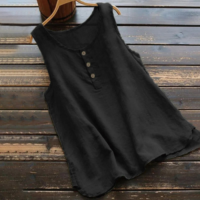 Buddha Stones Summer Pure Color Crew Collar Button Women's Vest Waistcoat - Black - US18，UK/AU22，EU50 (5XL) - image 0