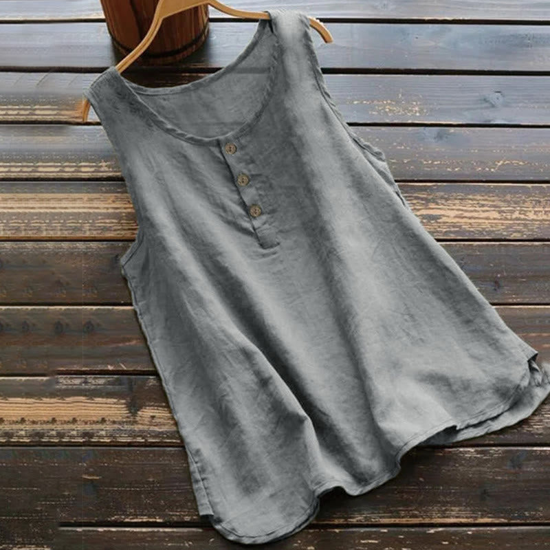 Buddha Stones Summer Pure Color Crew Collar Button Women's Vest Waistcoat - Gray - US18，UK/AU22，EU50 (5XL) - image 2