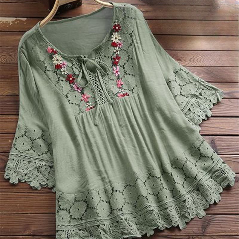 Buddha Stones Vintage Flower Embroidery Hole Design Lace-up Three Quarter Sleeve Cotton Women's Shirt - MediumSeaGreen - US16，UK/AU20，EU48 (5XL) - image 7