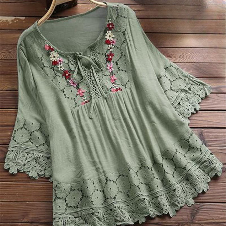 Buddha Stones Vintage Flower Embroidery Hole Design Lace-up Three Quarter Sleeve Cotton Women's Shirt - MediumSeaGreen - US16，UK/AU20，EU48 (5XL) - image 7