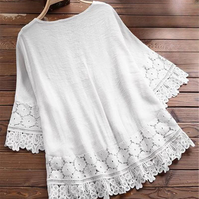 Buddha Stones Vintage Flower Embroidery Hole Design Lace-up Three Quarter Sleeve Cotton Women's Shirt - image 4