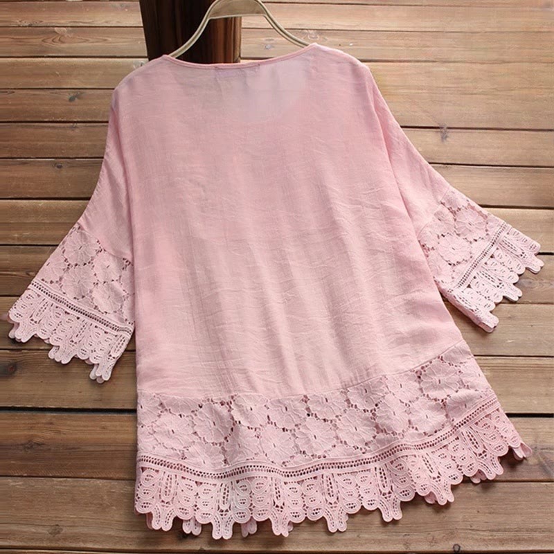 Buddha Stones Vintage Flower Embroidery Hole Design Lace-up Three Quarter Sleeve Cotton Women's Shirt - image 1