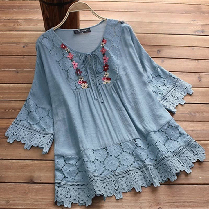 Buddha Stones Vintage Flower Embroidery Hole Design Lace-up Three Quarter Sleeve Cotton Women's Shirt - CornflowerBlue - US16，UK/AU20，EU48 (5XL) - image 9