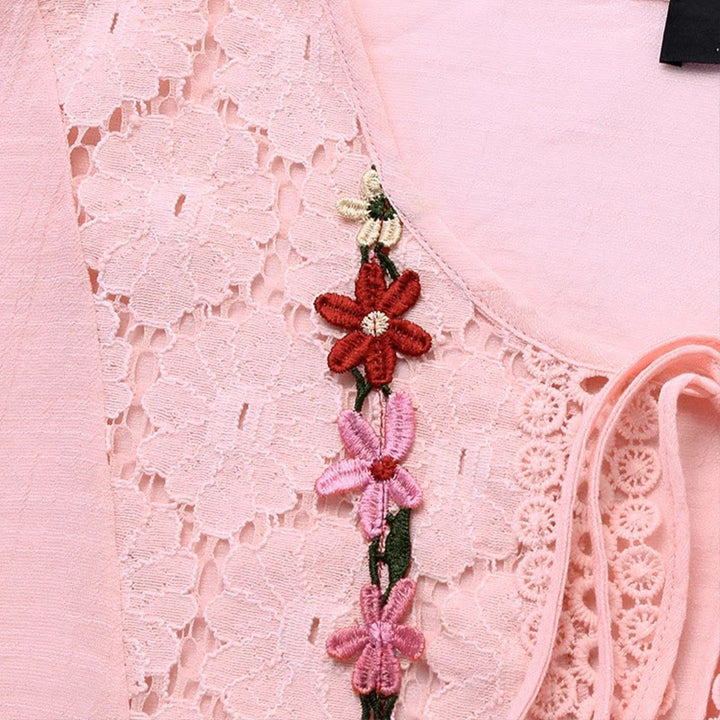 Buddha Stones Vintage Flower Embroidery Hole Design Lace-up Three Quarter Sleeve Cotton Women's Shirt - image 2