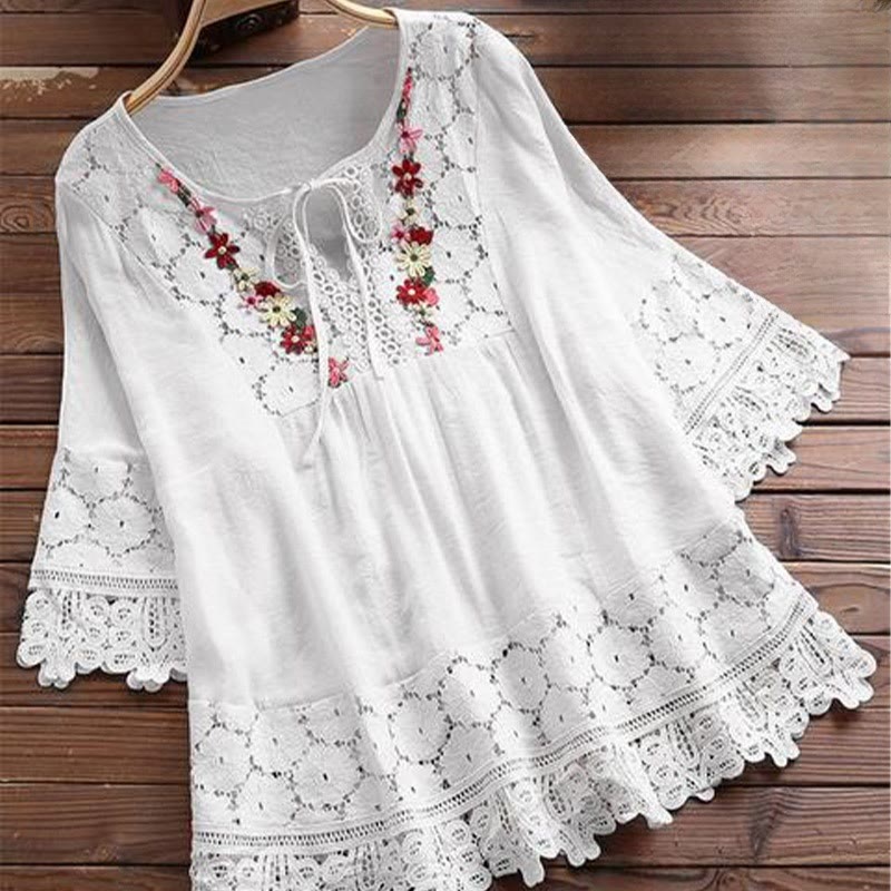 Buddha Stones Vintage Flower Embroidery Hole Design Lace-up Three Quarter Sleeve Cotton Women's Shirt - White - US16，UK/AU20，EU48 (5XL) - image 3