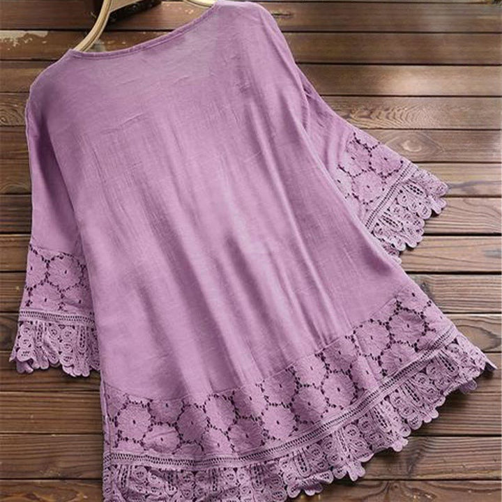 Buddha Stones Vintage Flower Embroidery Hole Design Lace-up Three Quarter Sleeve Cotton Women's Shirt - image 6