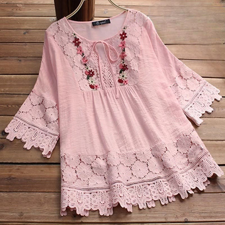 Buddha Stones Vintage Flower Embroidery Hole Design Lace-up Three Quarter Sleeve Cotton Women's Shirt - LightPink - US16，UK/AU20，EU48 (5XL) - image 0