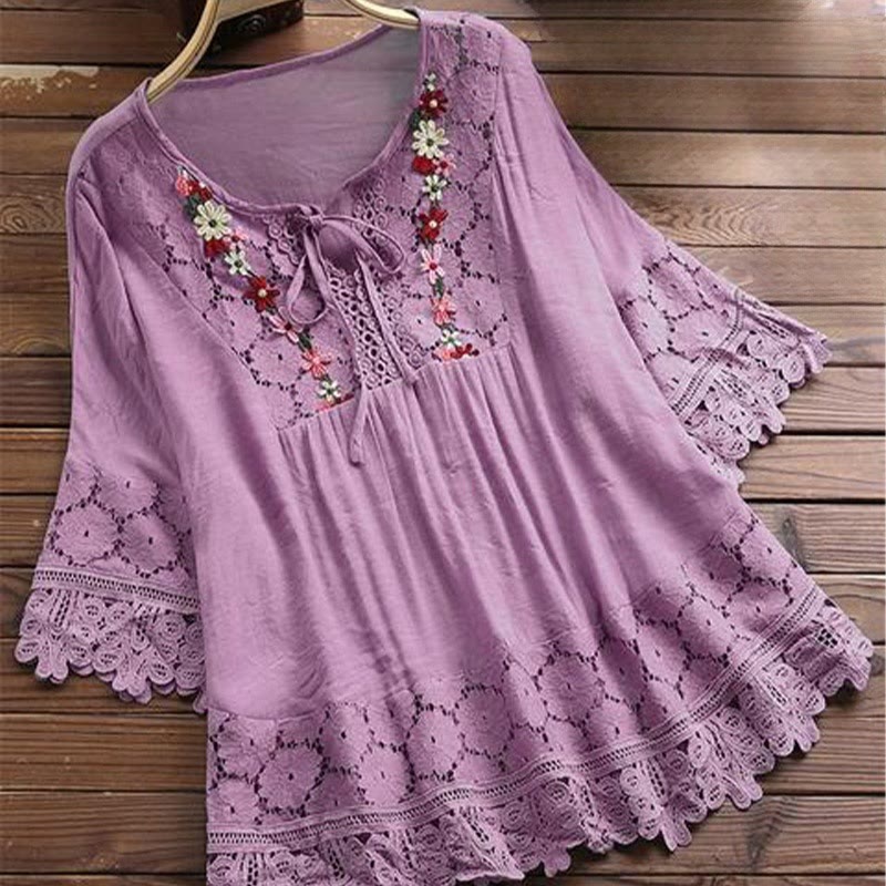 Buddha Stones Vintage Flower Embroidery Hole Design Lace-up Three Quarter Sleeve Cotton Women's Shirt - Orchid - US16，UK/AU20，EU48 (5XL) - image 5