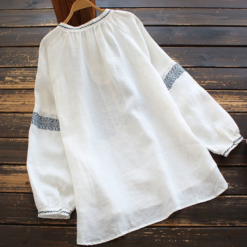 Buddha Stones Ethnic Embroidery Bohemian Pattern Long Sleeve Crew Neck Women's Shirt - image 1