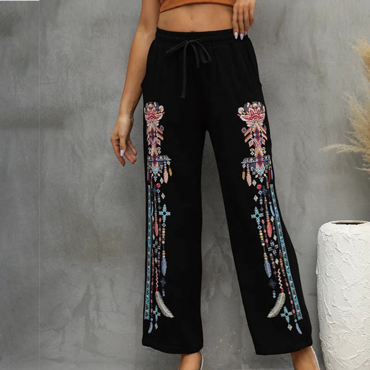 Buddha Stones Black Casual Ethnic Embroidery Cotton Linen Drawstring Women's Pants With Pockets - image 1