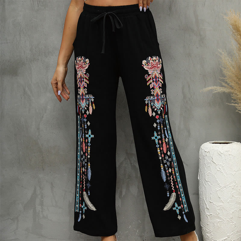 Buddha Stones Black Casual Ethnic Embroidery Cotton Linen Drawstring Women's Pants With Pockets - image 4