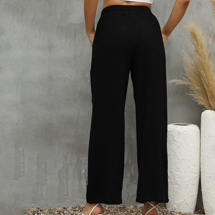 Buddha Stones Black Casual Ethnic Embroidery Cotton Linen Drawstring Women's Pants With Pockets - image 2