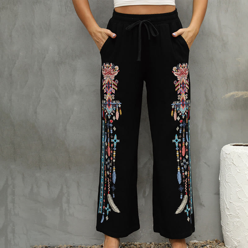 Buddha Stones Black Casual Ethnic Embroidery Cotton Linen Drawstring Women's Pants With Pockets - Black - US16，UK/AU20，EU48 (3XL) - image 0