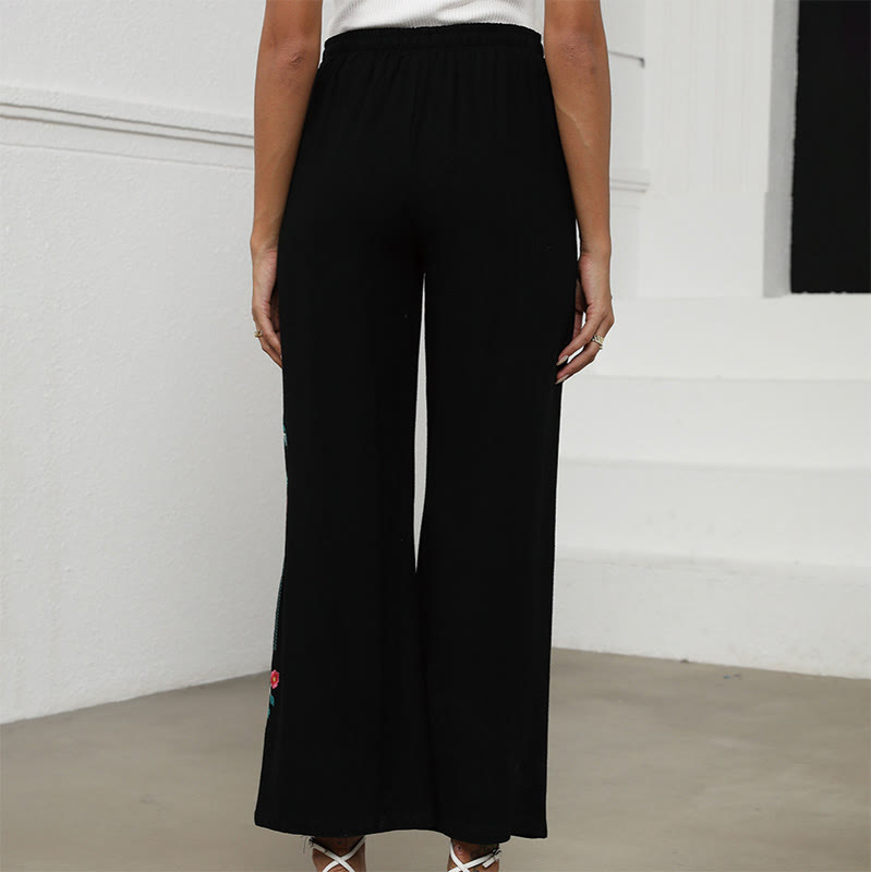 Buddha Stones Black Summer Plain Ethnic Embroidery Cotton Linen Drawstring Women's Pants With Pockets - image 3