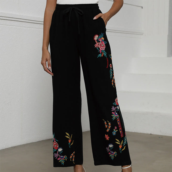 Buddha Stones Black Summer Plain Ethnic Embroidery Cotton Linen Drawstring Women's Pants With Pockets - Black - US16，UK/AU20，EU48 (3XL) - image 0