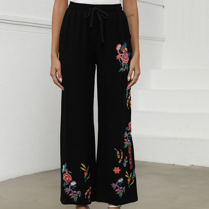 Buddha Stones Black Summer Plain Ethnic Embroidery Cotton Linen Drawstring Women's Pants With Pockets - image 1