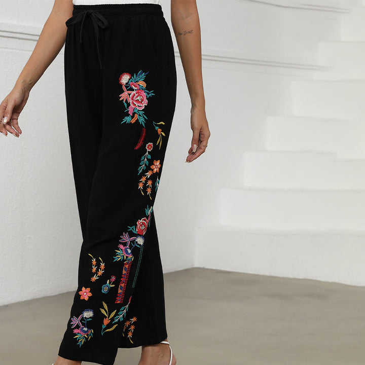 Buddha Stones Black Summer Plain Ethnic Embroidery Cotton Linen Drawstring Women's Pants With Pockets - image 4