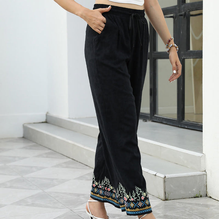 Buddha Stones Black Spring Embroidery Flower Pattern Cotton Linen Drawstring Women's Pants With Pockets - image 3