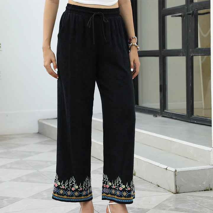 Buddha Stones Black Spring Embroidery Flower Pattern Cotton Linen Drawstring Women's Pants With Pockets - image 2