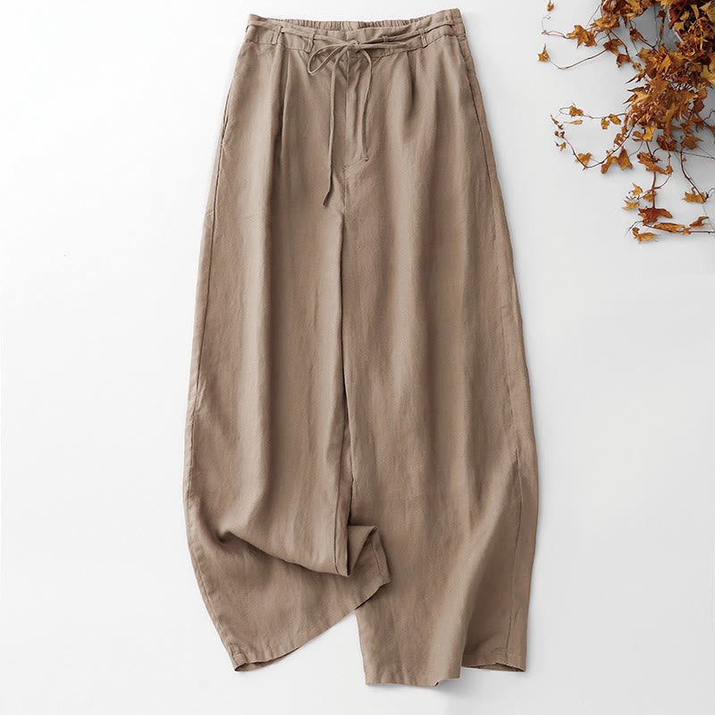 Buddha Stones Summer Plain Color Ankle-Length Drawstring Cotton Linen Women's Wide Leg Pants With Pockets Zipper - BurlyWood - US8-10，UK/AU12-14，EU40-42 (2XL) - image 0