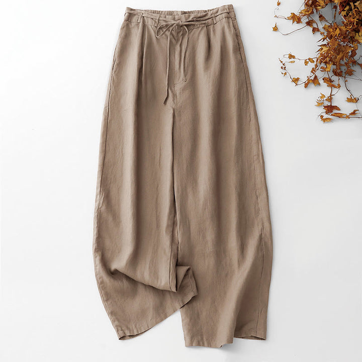 Buddha Stones Summer Plain Color Ankle-Length Drawstring Cotton Linen Women's Wide Leg Pants With Pockets Zipper - BurlyWood - US8-10，UK/AU12-14，EU40-42 (2XL) - image 0