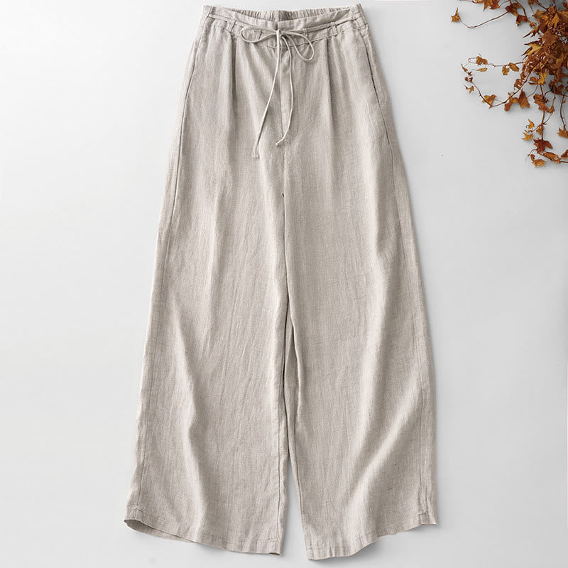 Buddha Stones Summer Plain Color Ankle-Length Drawstring Cotton Linen Women's Wide Leg Pants With Pockets Zipper - Linen - US8-10，UK/AU12-14，EU40-42 (2XL) - image 10