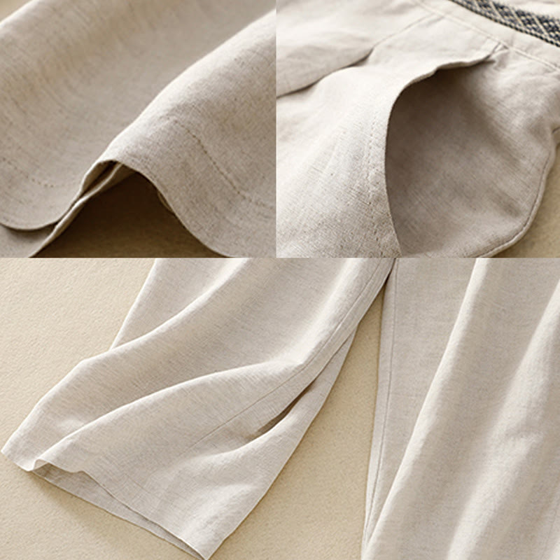 Buddha Stones Summer Plain Color 7-8 Length Cotton Linen Women's Wide Leg Pants With Pockets Zipper - image 9