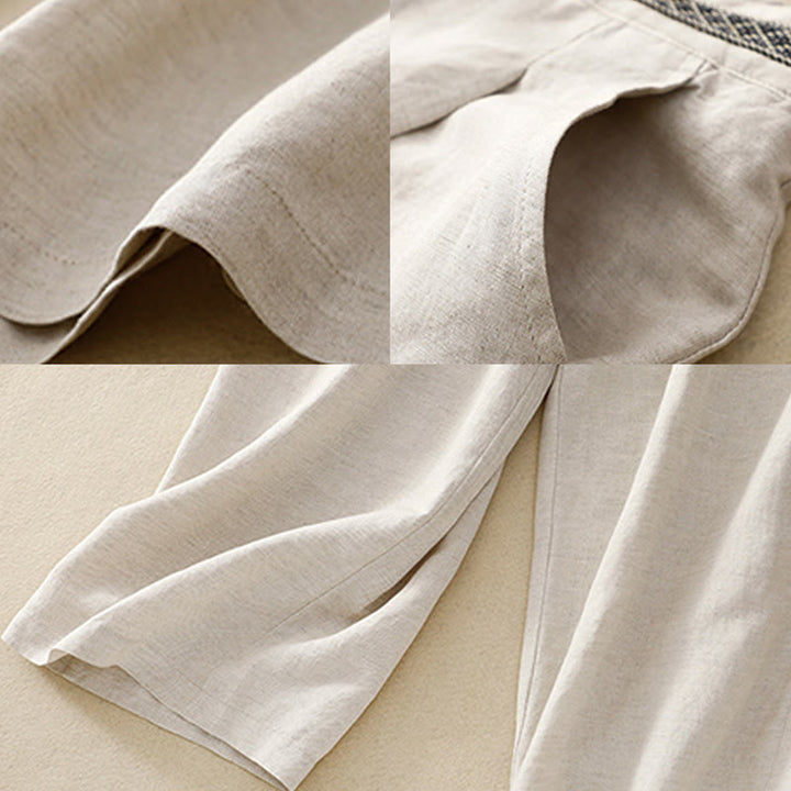 Buddha Stones Summer Plain Color 7-8 Length Cotton Linen Women's Wide Leg Pants With Pockets Zipper - image 9