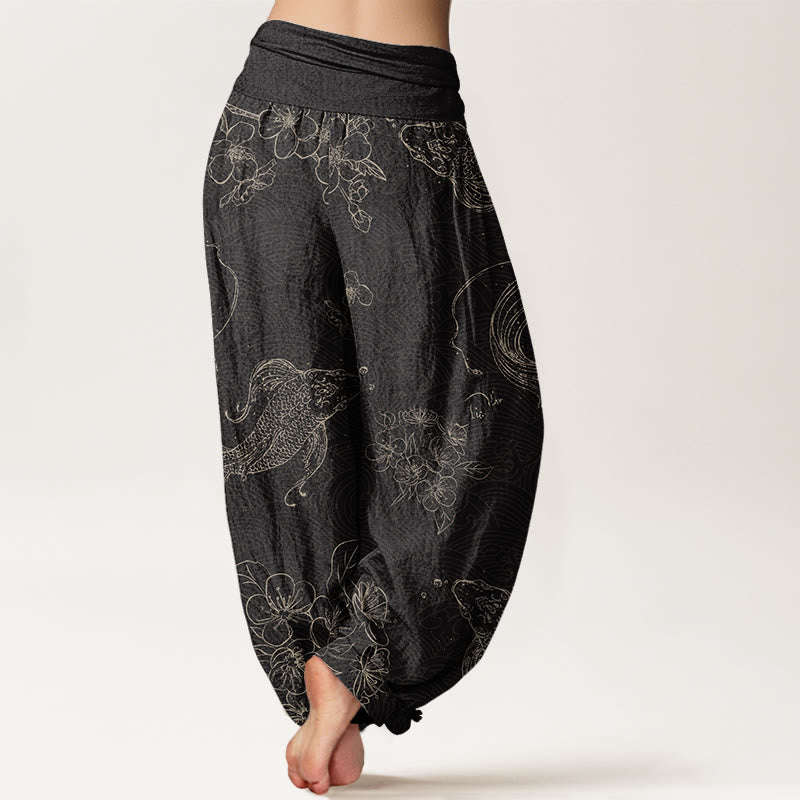 Buddha Stones Cotton Koi Fish Floral Pattern Women's Elastic Waist Harem Pants - image 2