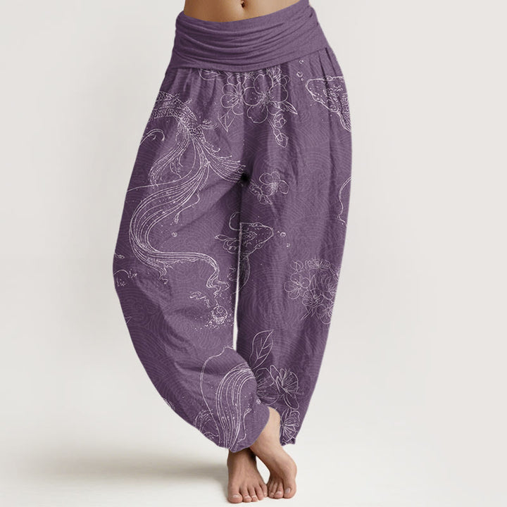 Buddha Stones Cotton Koi Fish Floral Pattern Women's Elastic Waist Harem Pants - MediumPurple - US22，UK/AU26，EU54 (6XL) - image 4