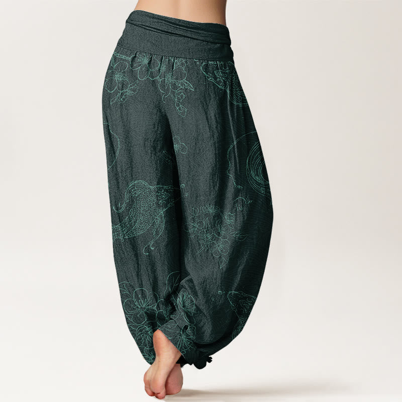 Buddha Stones Cotton Koi Fish Floral Pattern Women's Elastic Waist Harem Pants - image 7