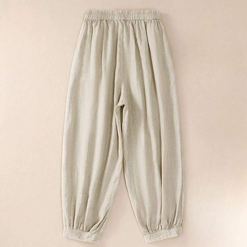 Buddha Stones Pure Color Drawstring Frog-Button Cotton Linen Women's Harem Pants With Pockets