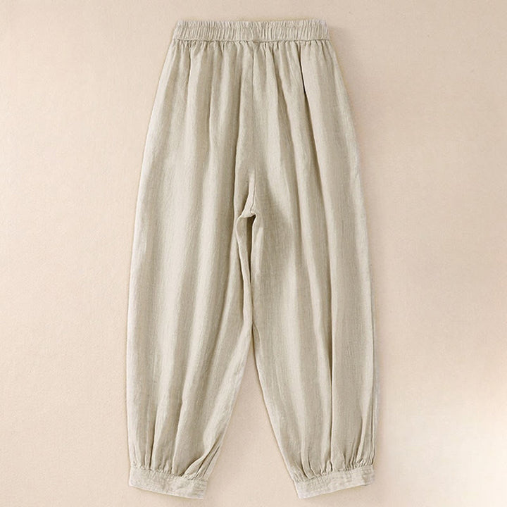 Buddha Stones Pure Color Drawstring Frog-Button Cotton Linen Women's Harem Pants With Pockets