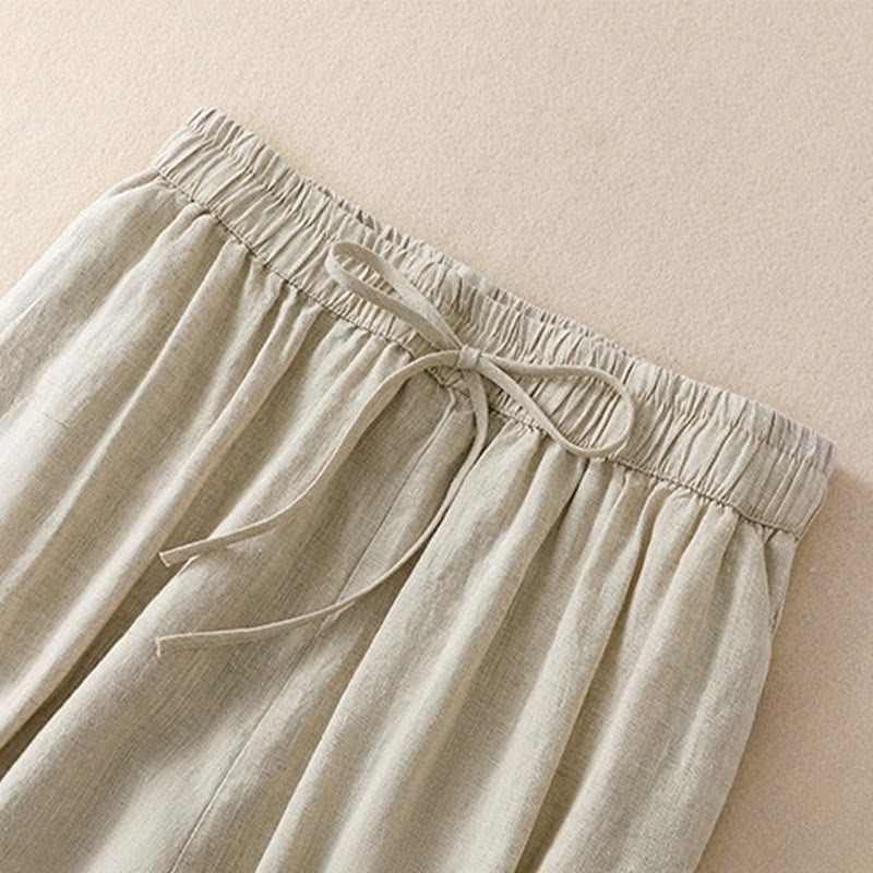 Buddha Stones Pure Color Drawstring Frog-Button Cotton Linen Women's Harem Pants With Pockets