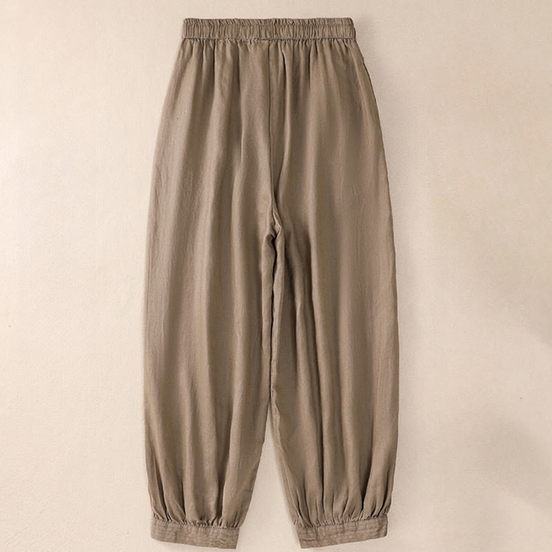 Buddha Stones Pure Color Drawstring Frog-Button Cotton Linen Women's Harem Pants With Pockets
