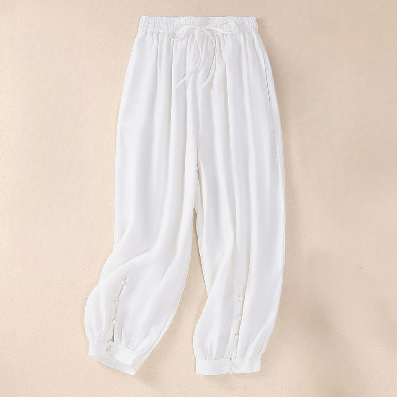 Buddha Stones Pure Color Drawstring Frog-Button Cotton Linen Women's Harem Pants With Pockets