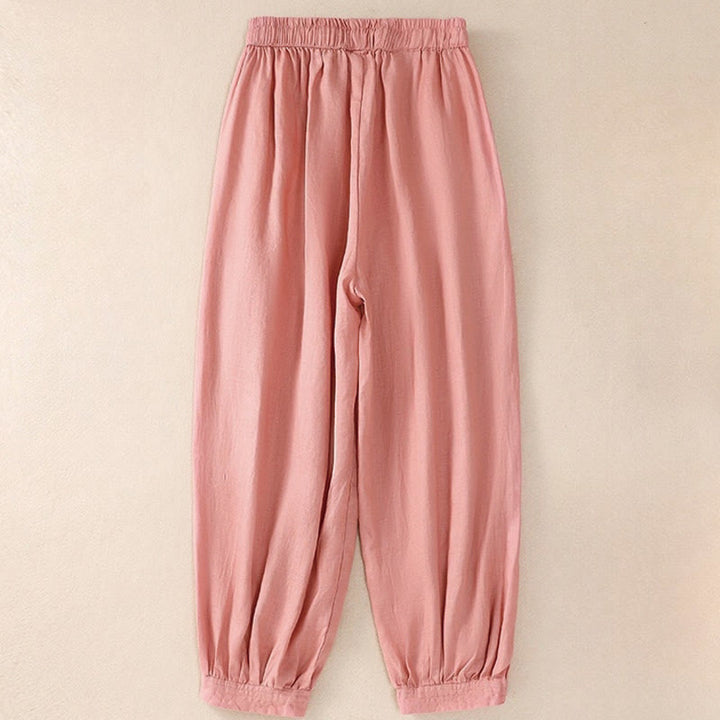 Buddha Stones Pure Color Drawstring Frog-Button Cotton Linen Women's Harem Pants With Pockets