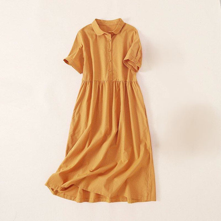 Buddha Stones Summer Buttons Design Short Sleeve Cotton Linen Midi Dress With Pockets - Yellow - US12，UK/AU16，EU44 (3XL) - image 18