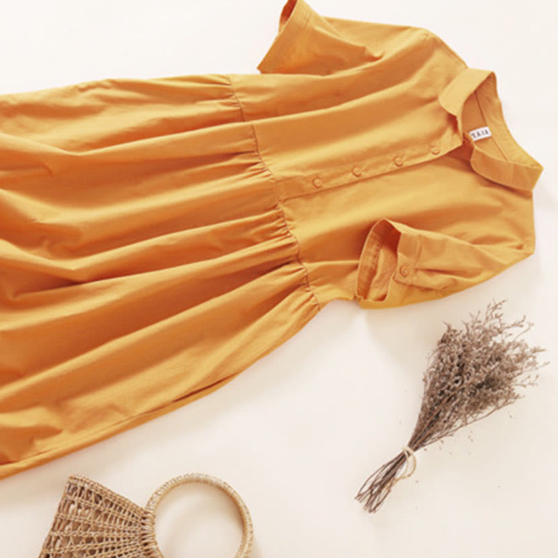 Buddha Stones Summer Buttons Design Short Sleeve Cotton Linen Midi Dress With Pockets - image 20