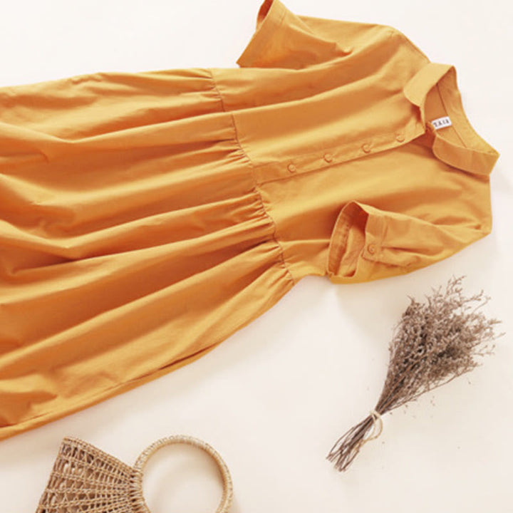 Buddha Stones Summer Buttons Design Short Sleeve Cotton Linen Midi Dress With Pockets - image 20