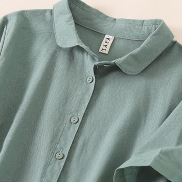 Buddha Stones Summer Buttons Design Short Sleeve Cotton Linen Midi Dress With Pockets - image 24