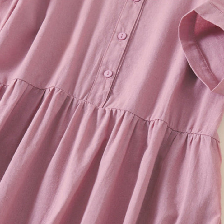 Buddha Stones Summer Buttons Design Short Sleeve Cotton Linen Midi Dress With Pockets - image 2