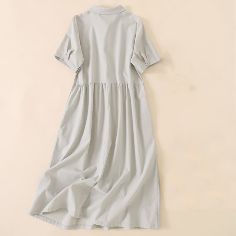 Buddha Stones Summer Buttons Design Short Sleeve Cotton Linen Midi Dress With Pockets - image 6