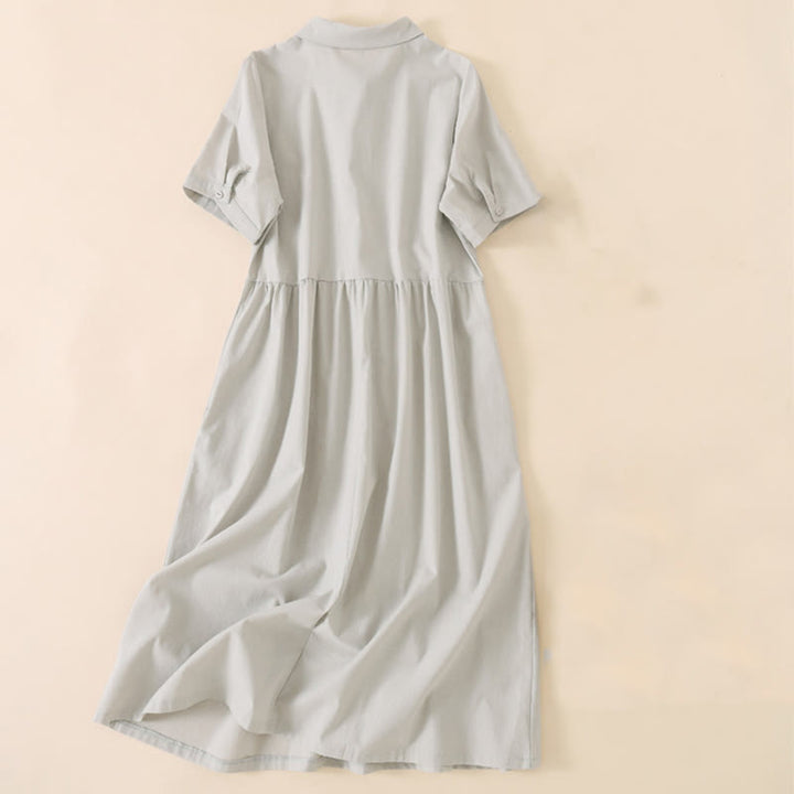 Buddha Stones Summer Buttons Design Short Sleeve Cotton Linen Midi Dress With Pockets - image 6